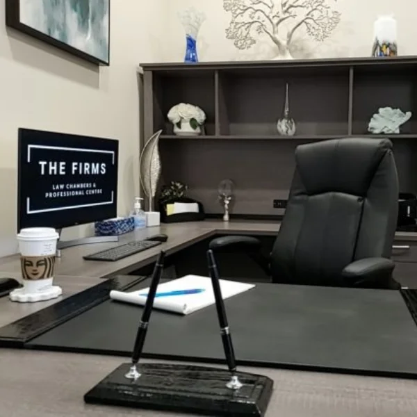 private office lawyers Modern law office workspace with computer and decorations.